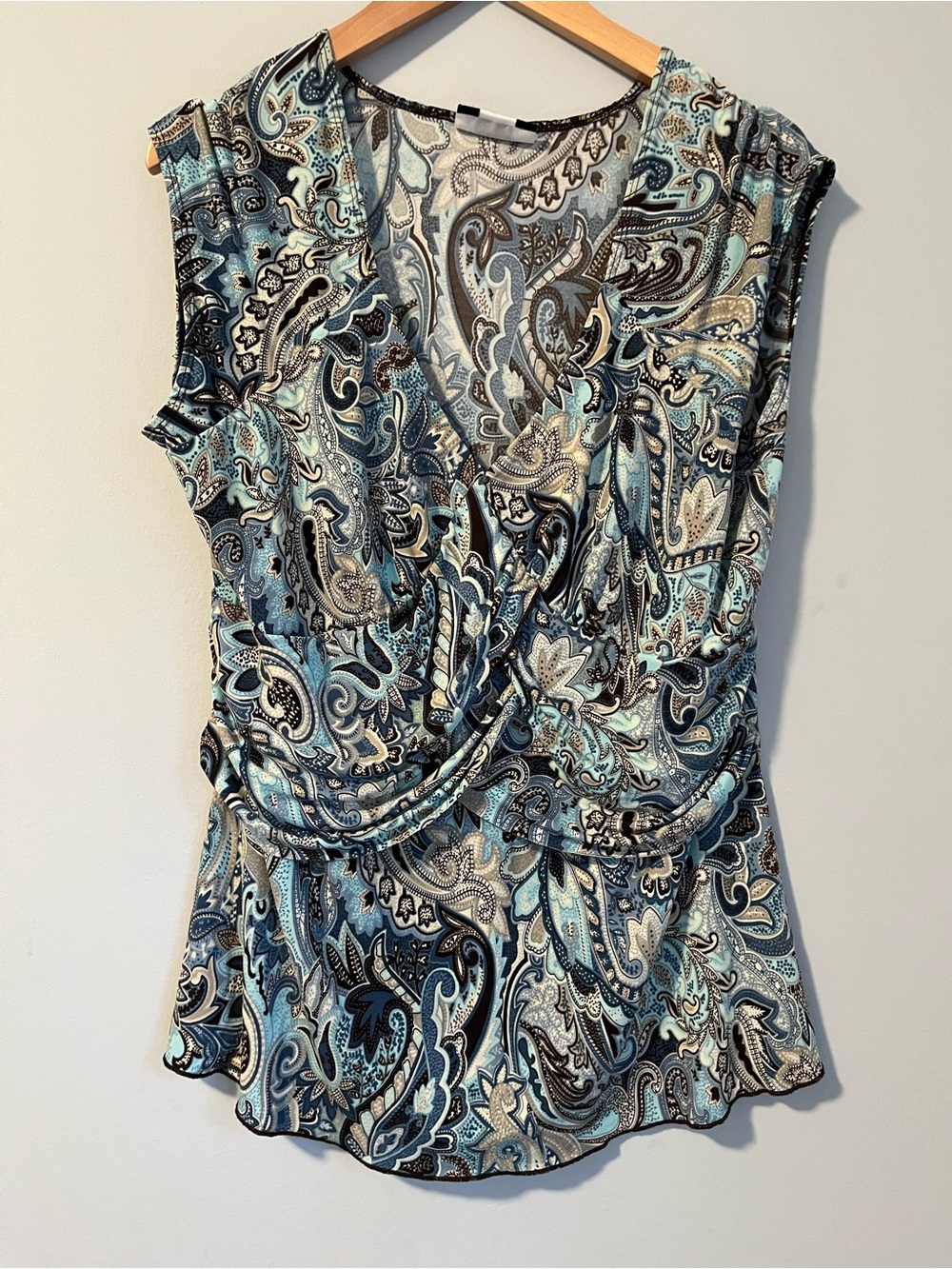 Coquette Studio 1940 Office Siren Fairy Blouse Paisley Ruched Draping Blue Blous